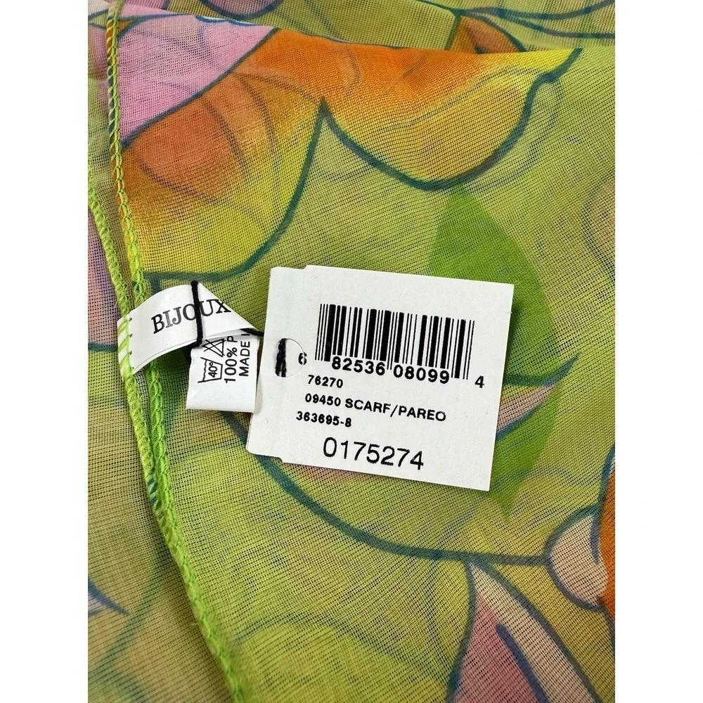 VTG Bijoux Terner Floral‎ Pareo Sarong Beach Cover Up Scarf Sheer Green Summer